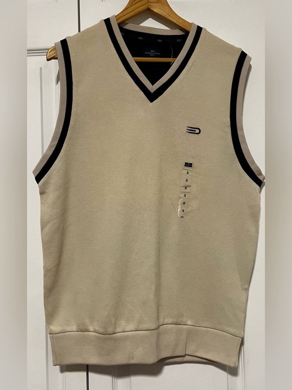 Dockers Men’s Beige V-Neck Sweater Vest with Black Trim